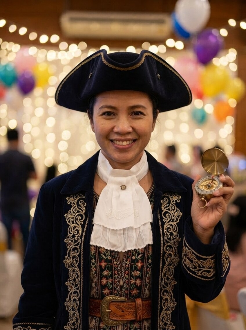 The same woman in front of the same lights and balloon arch, now in a gold-embroidered navy captain's coat and tricorn hat, holding up a brass compass