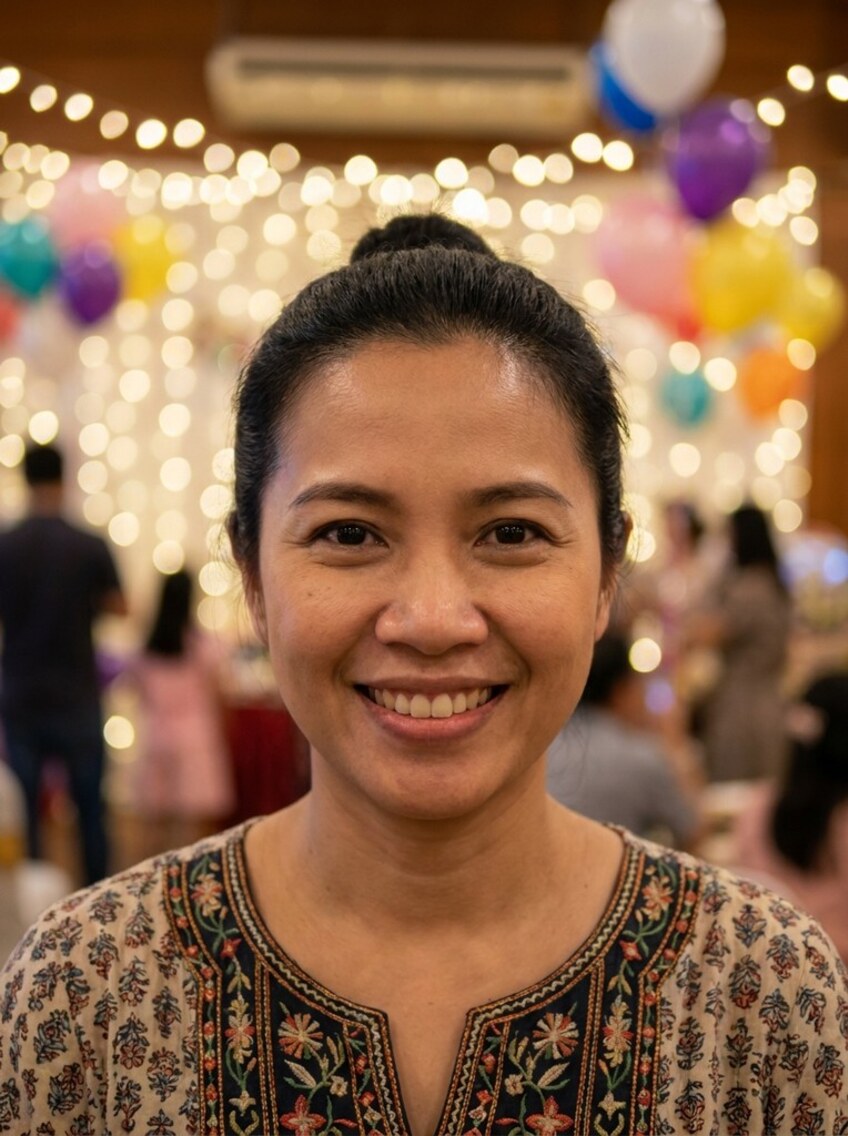 A woman smiling at a celebration in a community hall, a curtain of fairy lights and a multicoloured balloon arch behind her