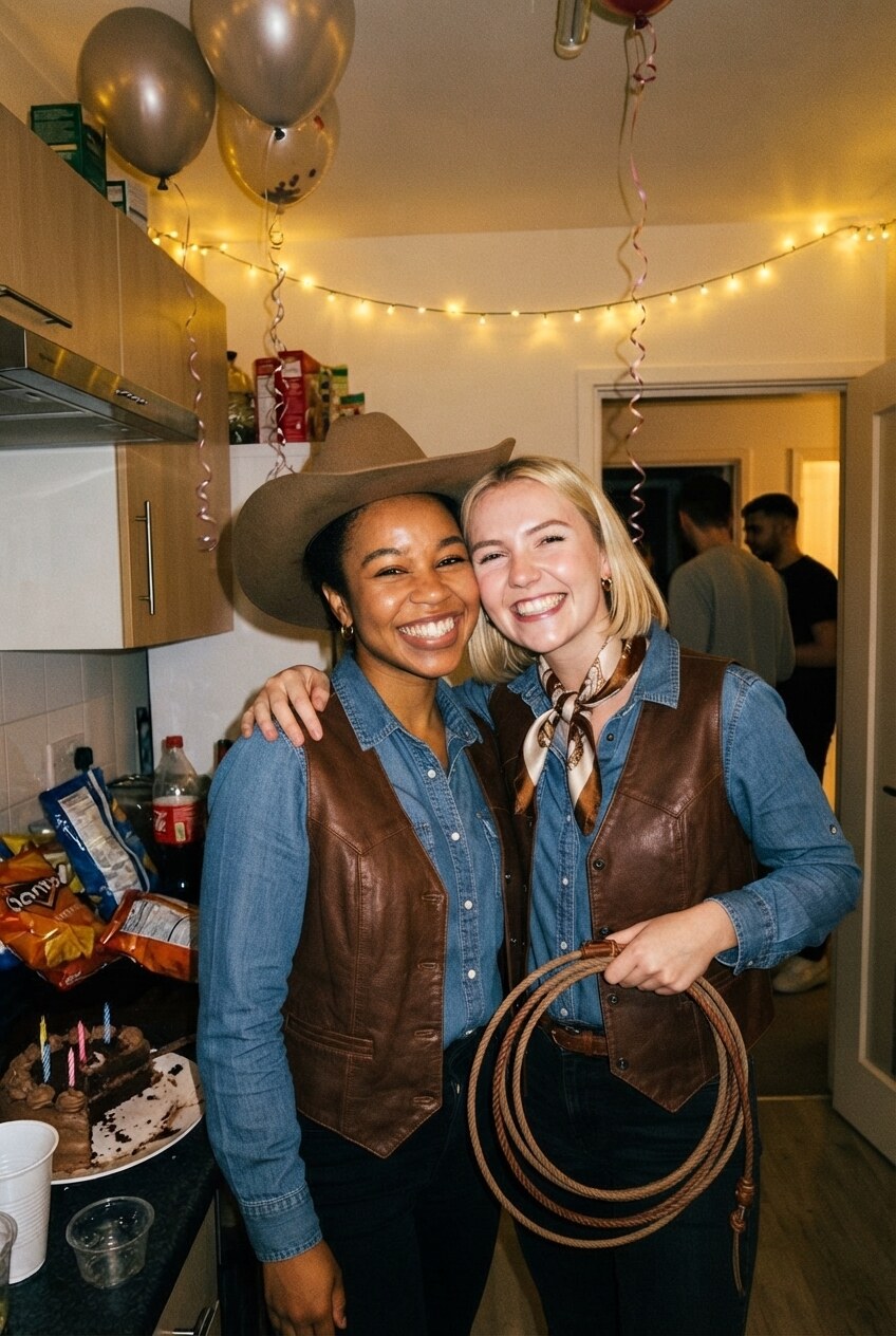 The same two friends in the same kitchen, cake and fairy lights unchanged, now in denim shirts, brown leather vests and a neckerchief with a coiled lasso