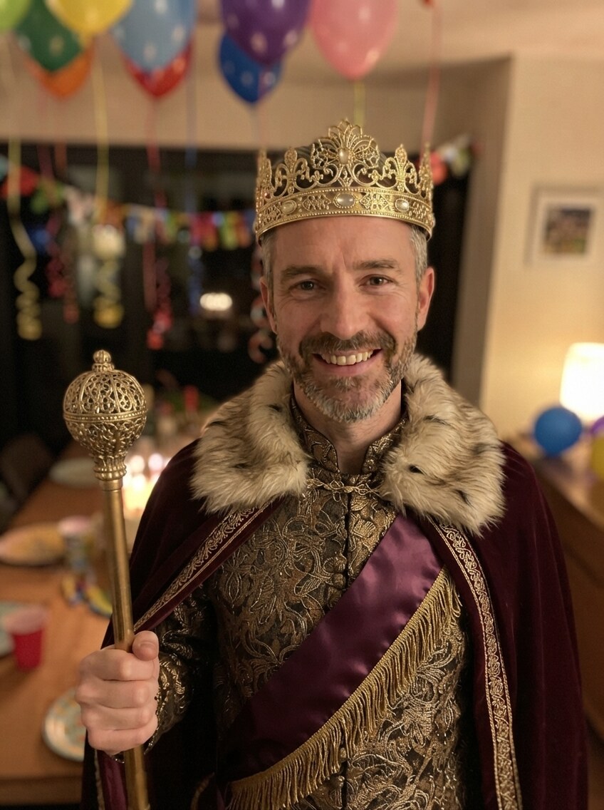 The same man in the same room — balloons, streamers and the lit cake unchanged — now in a jewelled crown and a fur-collared velvet robe, holding a golden sceptre
