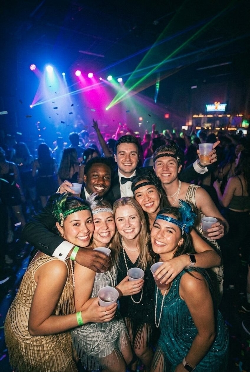 After — the same eight friends on the same dancefloor in 1920s black tie and beaded flapper dresses, the lasers and confetti untouched