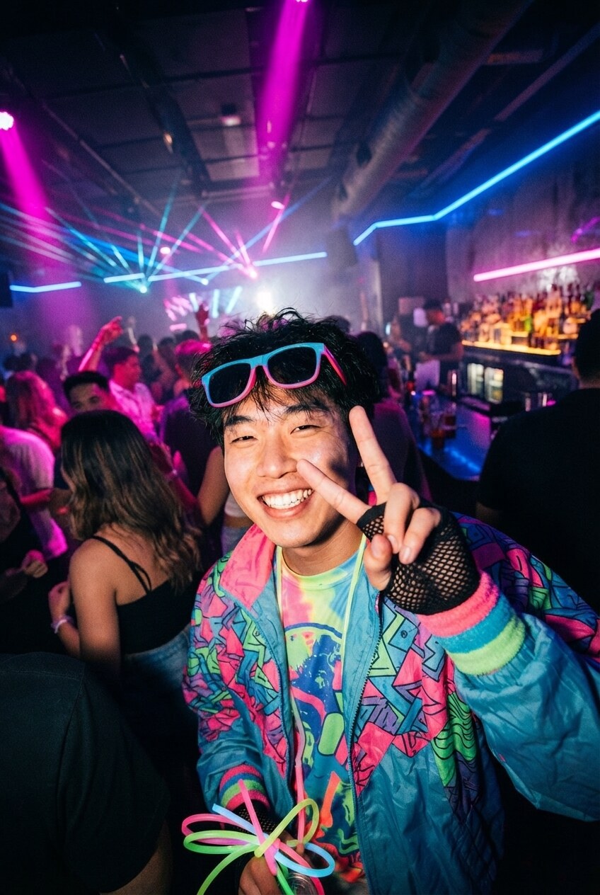 After — the same man in the same club in a geometric eighties windbreaker and tie-dye tee, holding a fistful of glow sticks