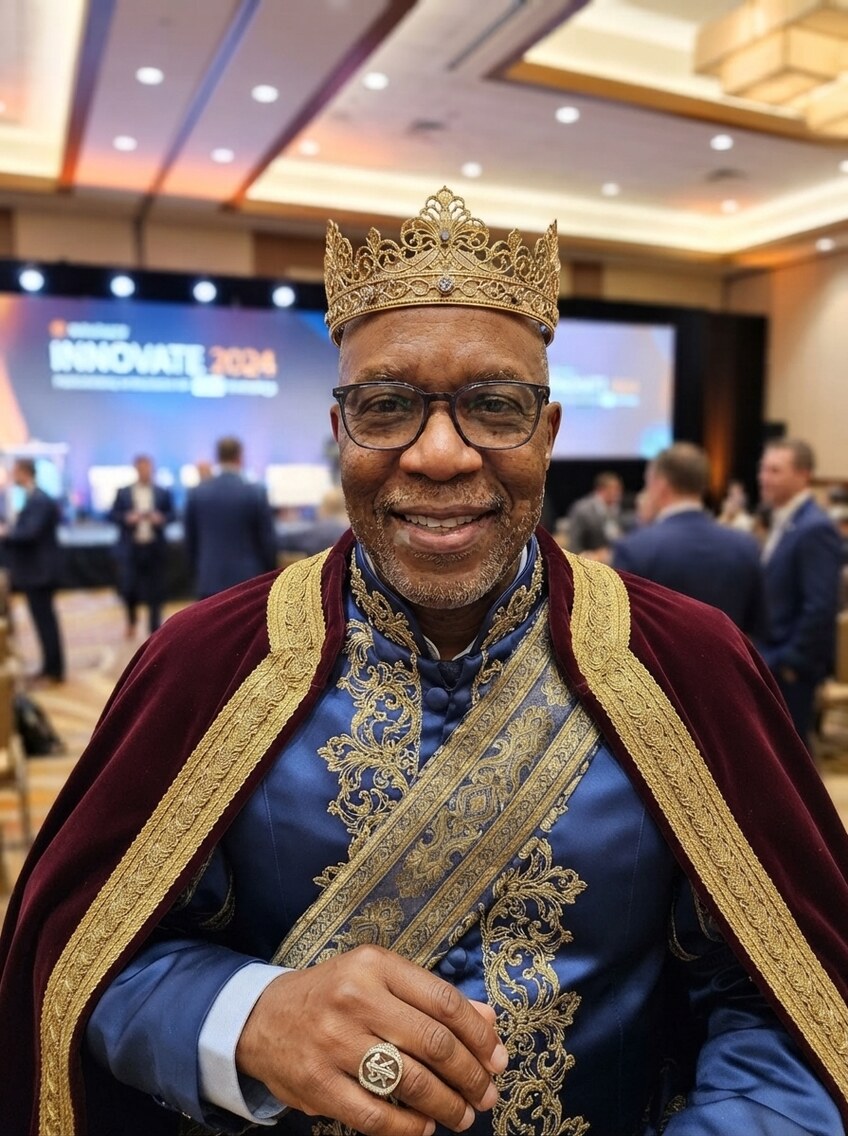 The same man in the same ballroom, restyled in a gold crown, a gold-trimmed burgundy velvet robe and a signet ring