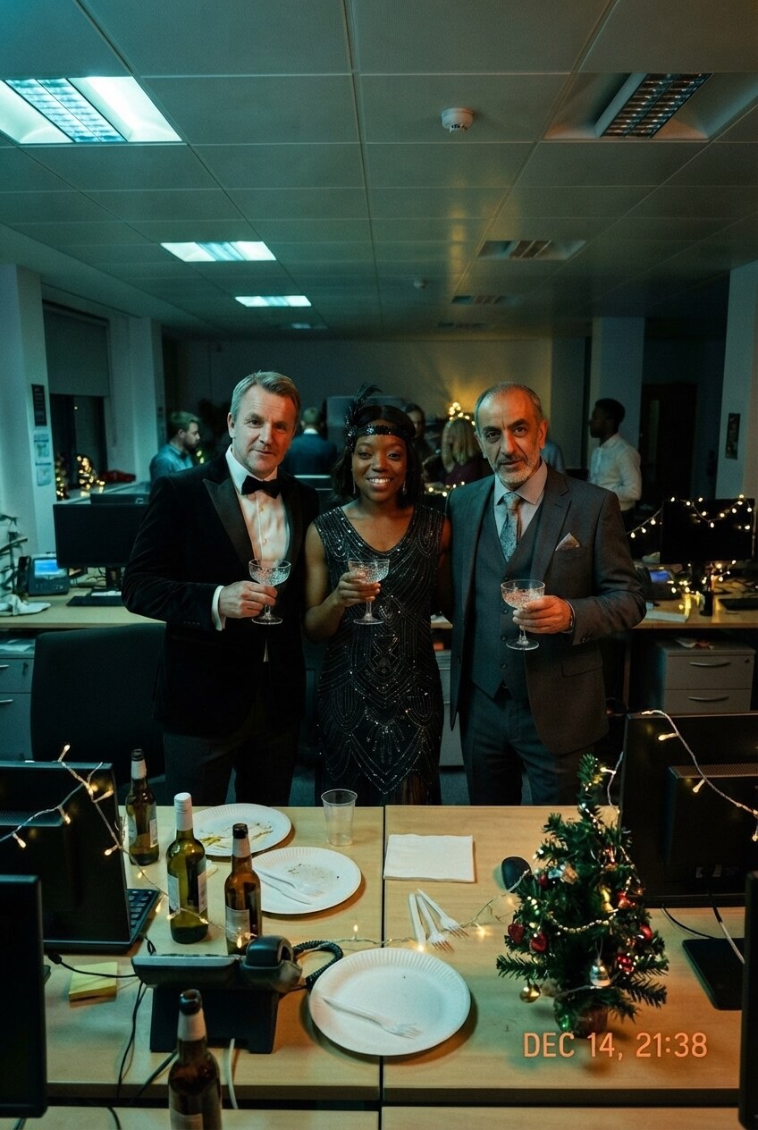 The same three colleagues at the same desks, restyled in 1920s eveningwear — black tie, a three-piece suit and a beaded flapper dress with a feather headband