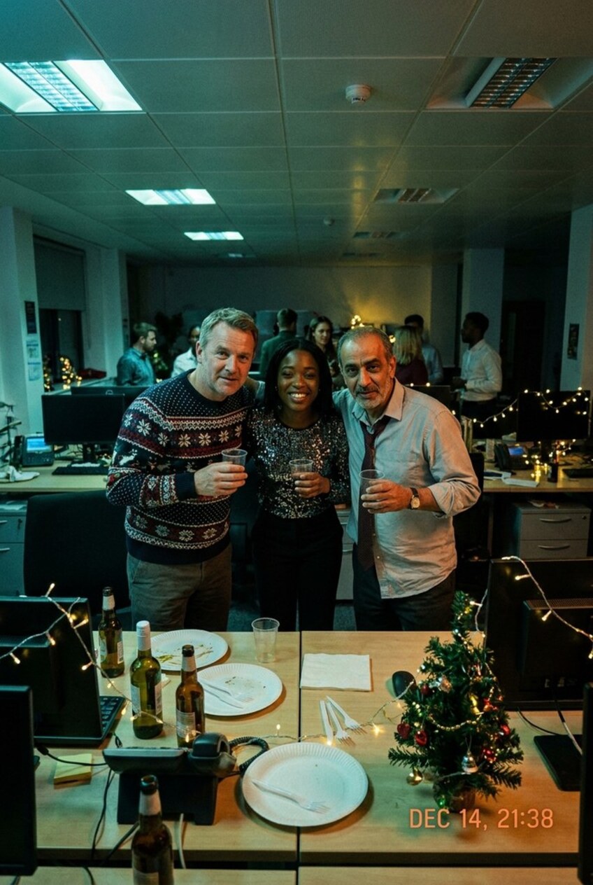 Three colleagues at the office Christmas party, standing at their desks under string lights with paper plates and a little Christmas tree