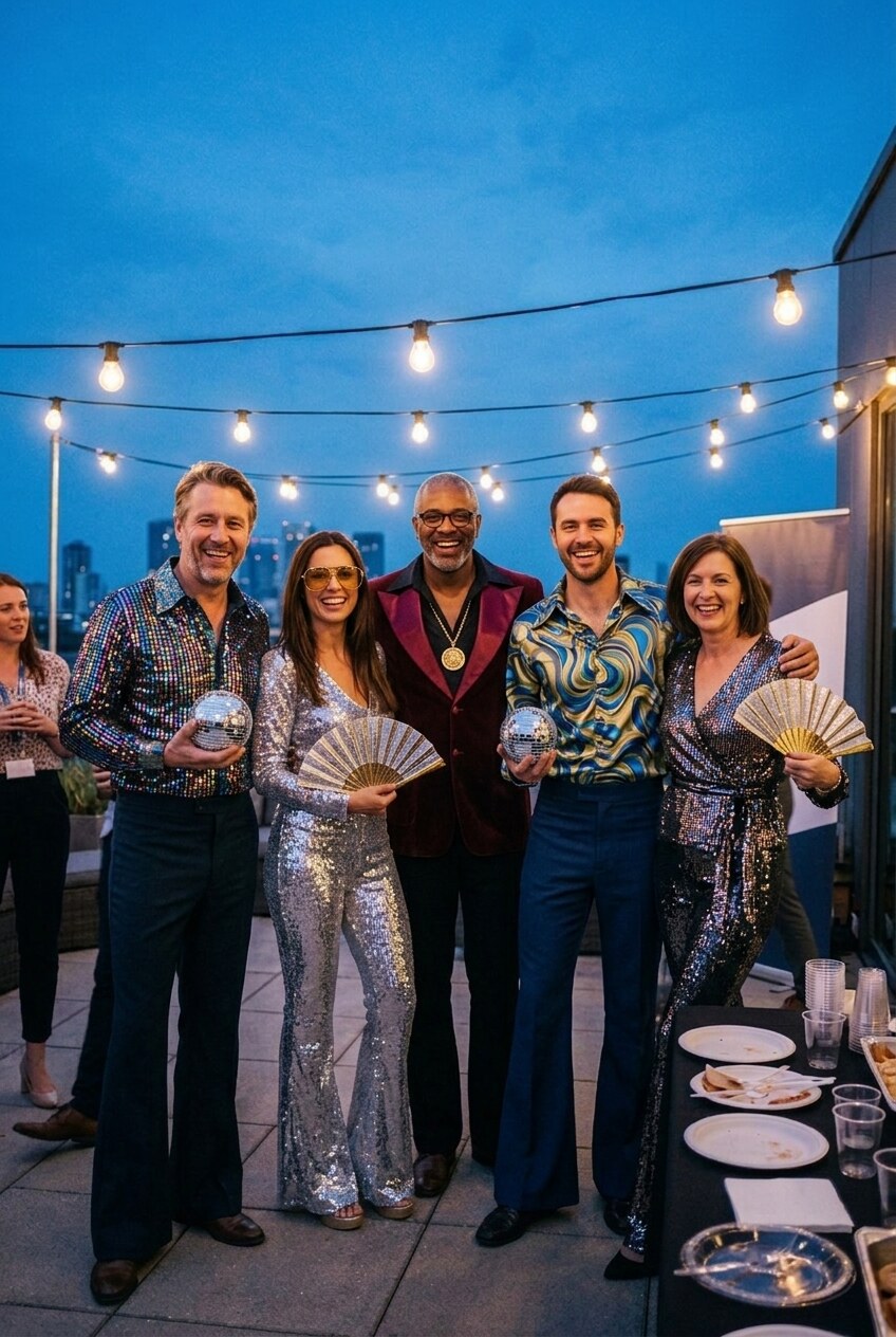 The same five colleagues on the same roof terrace, restyled as a seventies disco crew in sequins, flares and big collars, holding mirror balls and gold fans