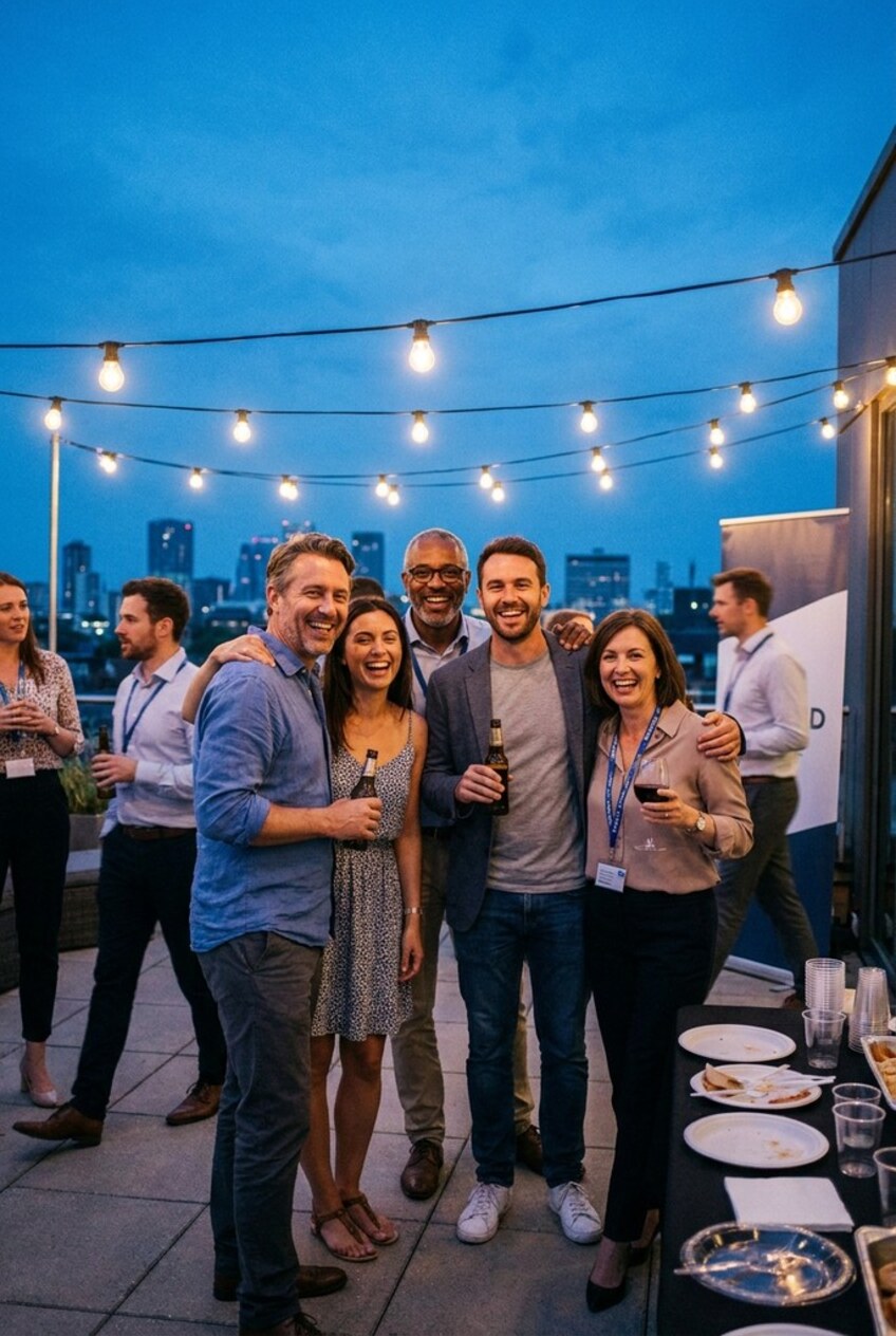 Five colleagues laughing together at a company summer party on an office roof terrace at dusk, with lanyards, drinks, a catering table, string lights and the city skyline behind them