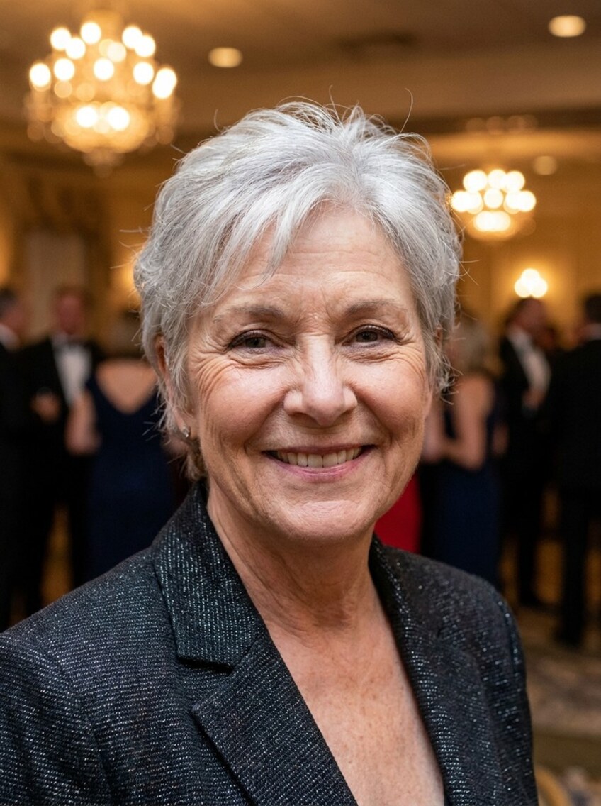 A smiling woman in a tweed jacket at a black-tie gala, chandeliers and guests behind her