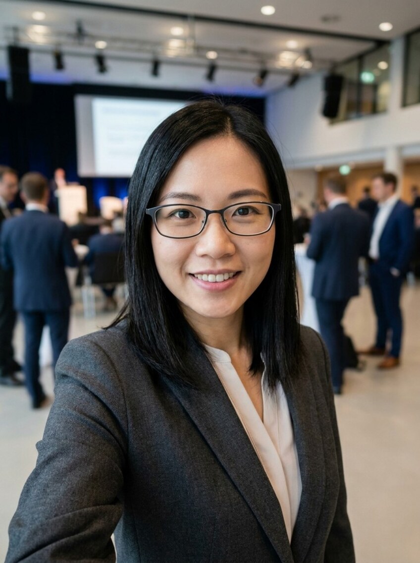 A woman in a grey blazer and cream blouse, wearing black rectangular glasses, photographed by the booth in a conference hall with delegates and a stage behind her