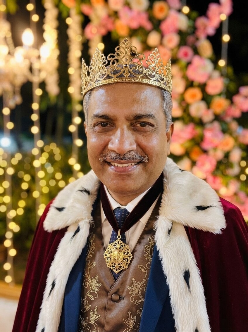 The same man in front of the same floral wall and fairy lights, now wearing a gold filigree crown, a crimson ermine-trimmed robe, a gold-embroidered waistcoat and a medallion — his face and the wall untouched