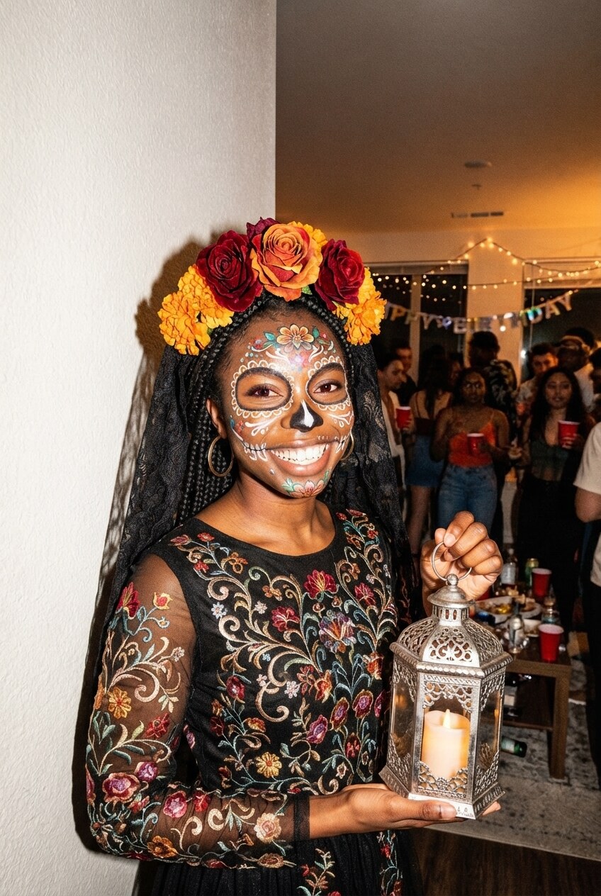 A party guest given Day-of-the-Dead sugar-skull face paint, a marigold flower crown and a black lace veil by the AI photobooth
