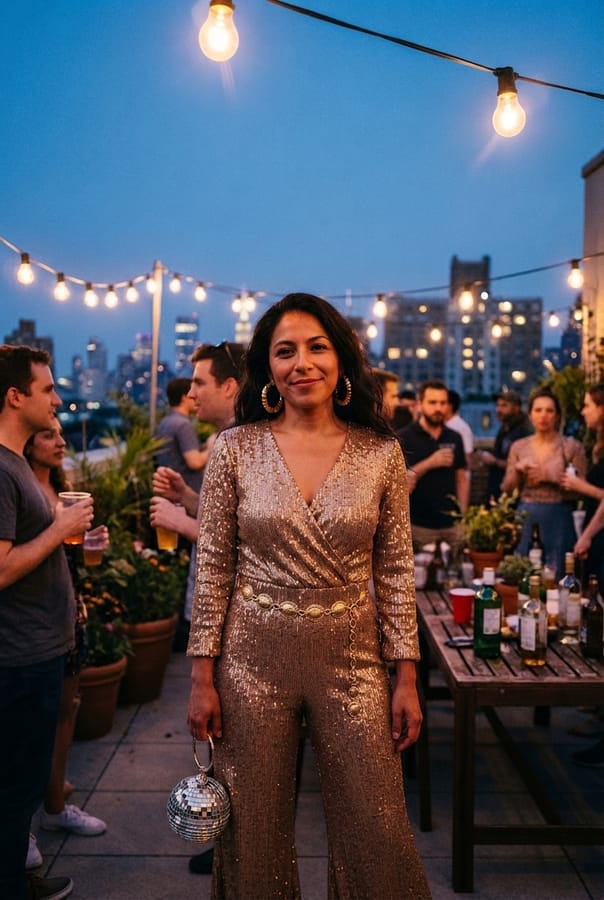 After — the same woman on the same rooftop in a gold sequinned flared jumpsuit, holding a mirrorball bag