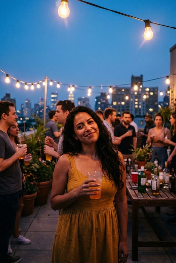 Before — a woman in a mustard sundress at a rooftop party at blue hour