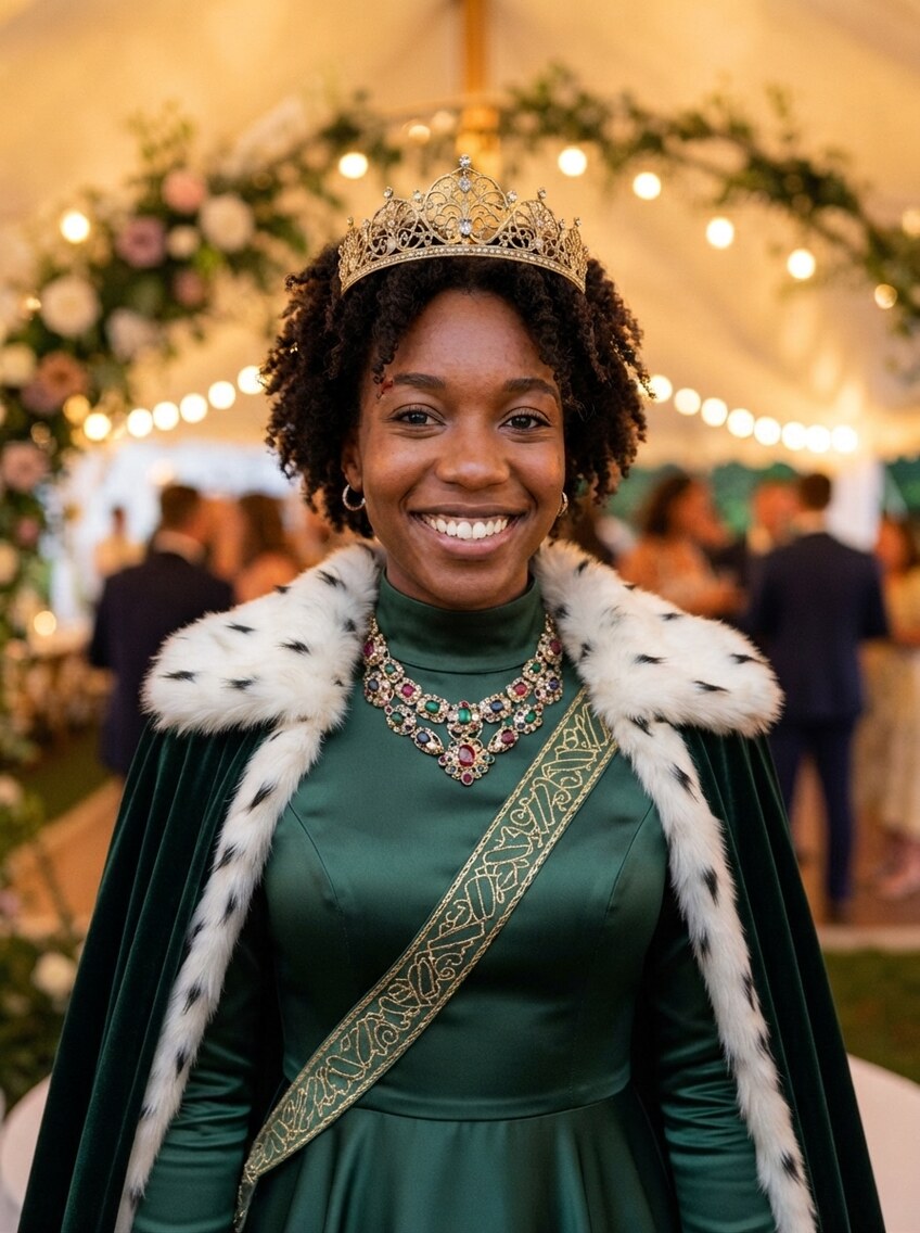 The same guest under the same arch and bulbs, now wearing a jewelled gold crown and an ermine-trimmed robe over an emerald gown