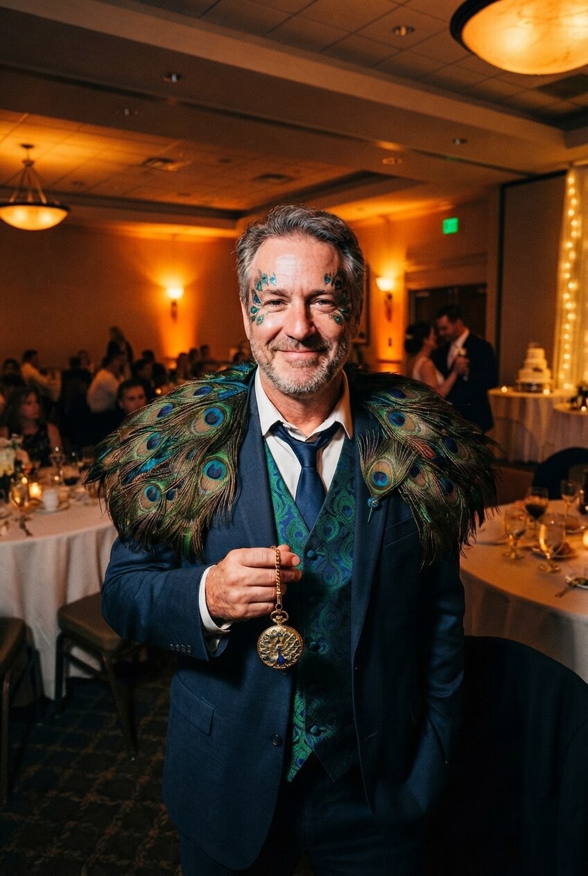 The same guest in the same ballroom — the couple and the cake still behind him — now wearing peacock-feather epaulettes, an iridescent green waistcoat and a gold pocket watch