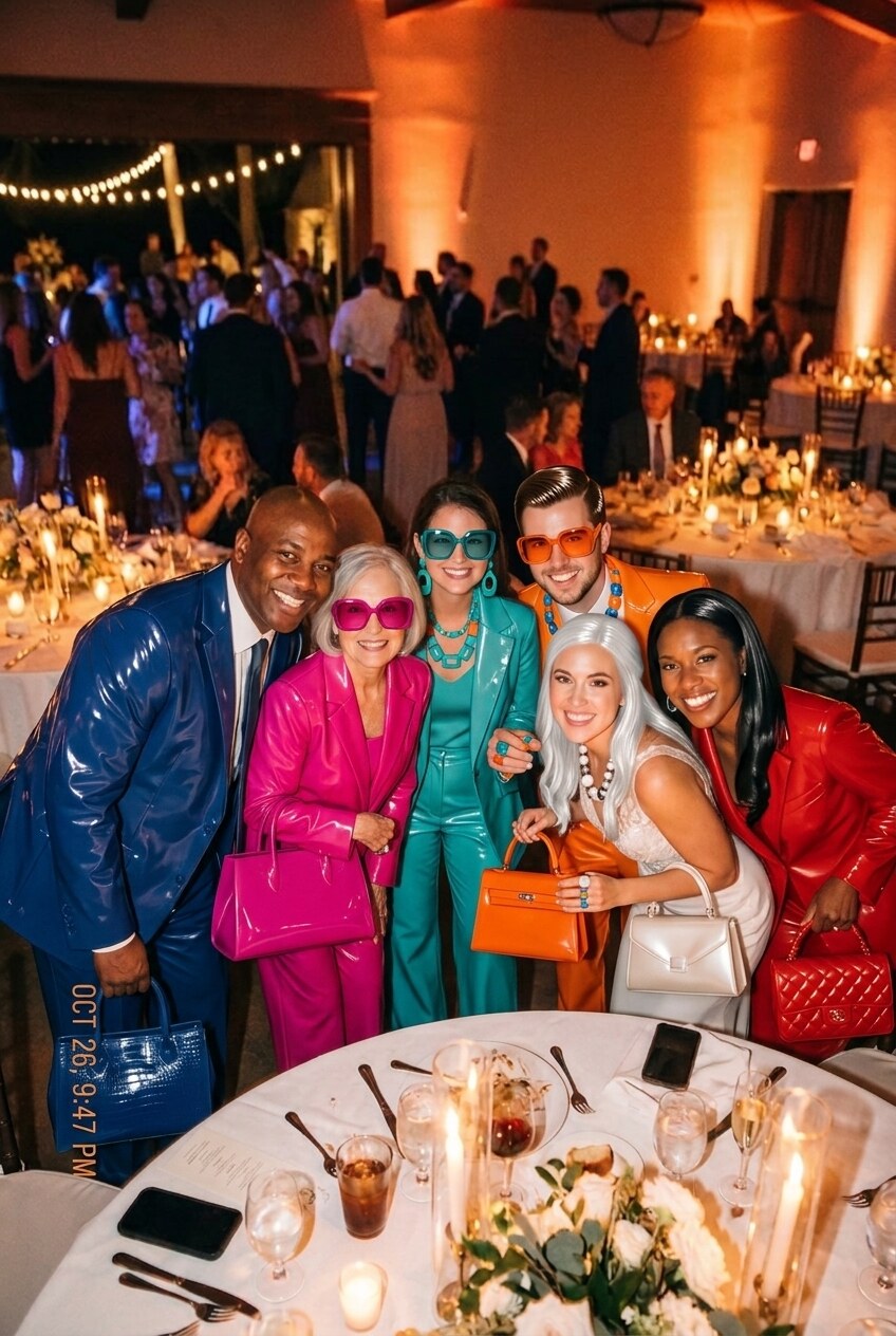 The same six guests at the same candlelit table, now in glossy pop-art suits of pink, teal, orange and blue with oversized sunglasses and matching handbags