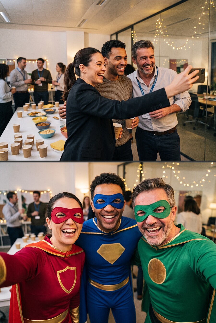 The same three colleagues twice, one above the other. On top, seen from across the room, they lean in together at an office party while one holds a phone out at arm's length to take a selfie — lanyards on, paper cups and snack bowls on the table behind them. Below, the photo that phone captured after the AI photobooth transformed it: the very same three faces filling the frame and laughing into the lens, now in crimson, blue and green superhero suits with gold trim, capes and fabric eye masks, the same office party still visible behind them.