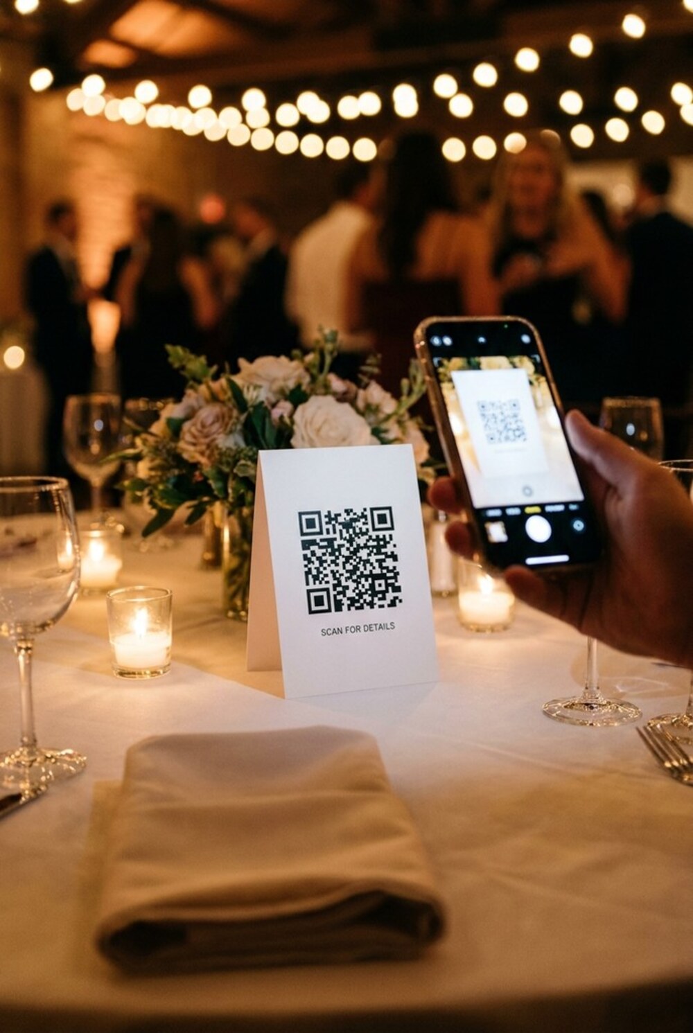 A guest holding a phone up to a white tent card standing on an event table, the card carrying a large QR code and the words “Scan for details”, with the same code showing in the phone's camera; candles, a pale floral centrepiece and wine glasses on the linen, and string lights over a blurred party crowd behind