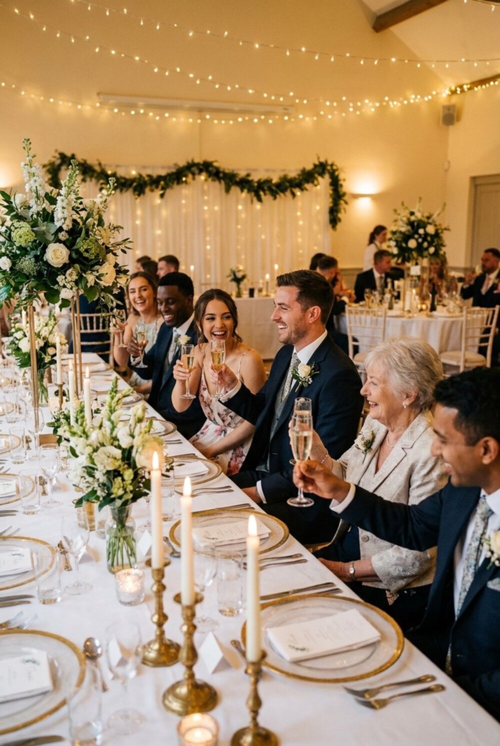 Wedding guests along a long banquet table raising champagne flutes in a toast — men in navy suits with buttonhole flowers, women in floral and cocktail dresses, an older guest in a cream jacket with a corsage — over white linen, gold charger plates and taper candles, with tall white-and-green floral arrangements, a greenery garland and festoon lights behind