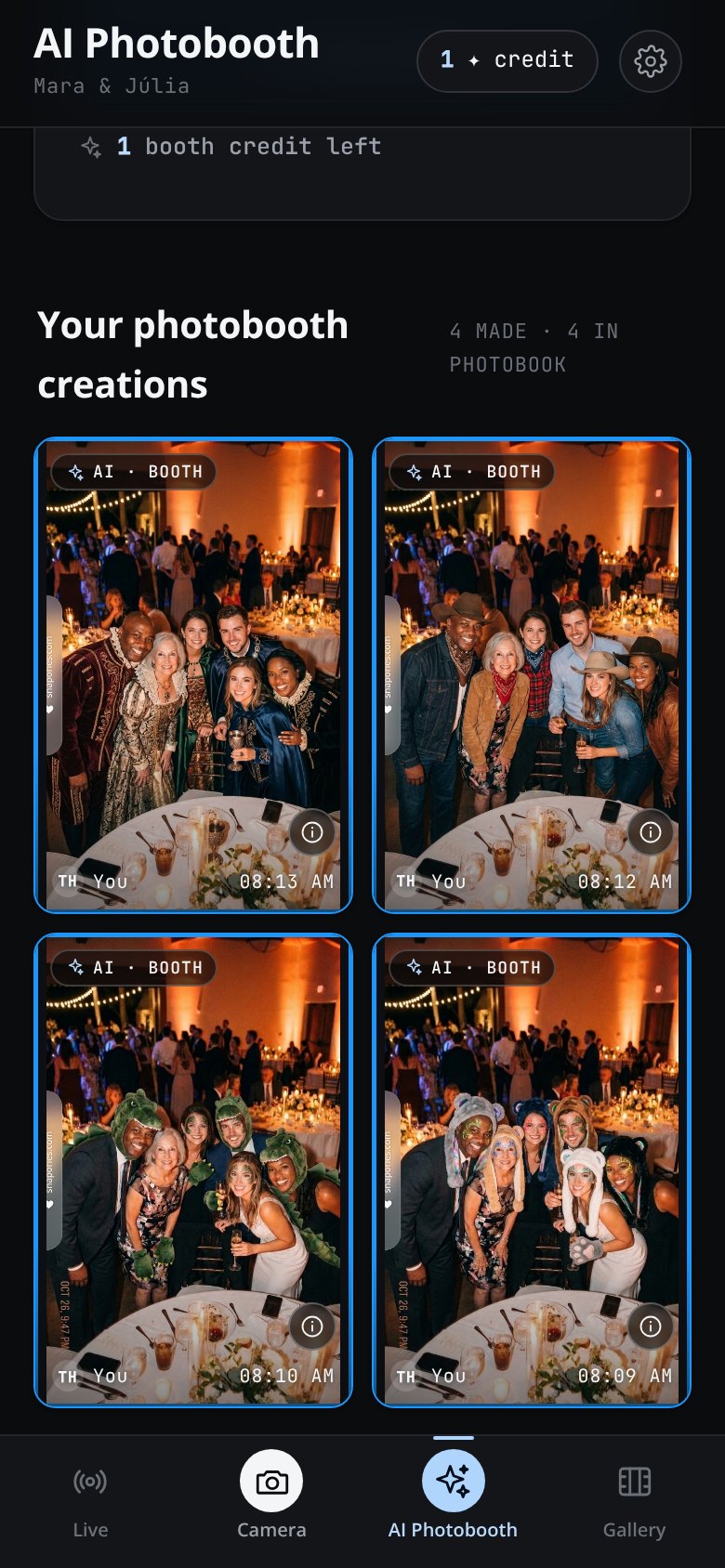The AI photobooth tab in the app, showing the booth creations guests have kept from across the party