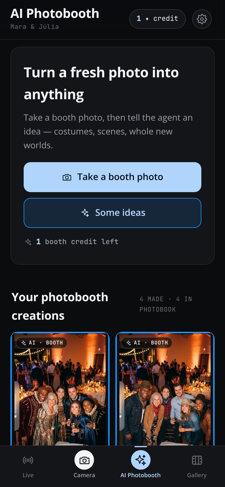 The AI photobooth in the app: “Turn a fresh photo into anything”, a “Take a booth photo” button, a “Some ideas” button, and a line reading five booth credits left