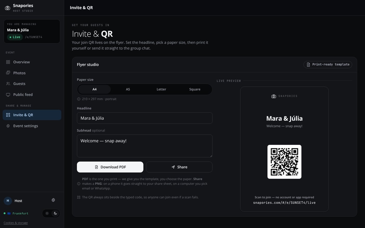 The Snapories host dashboard on a laptop — the Invite & QR view, with the event QR code and the printable flyer templates