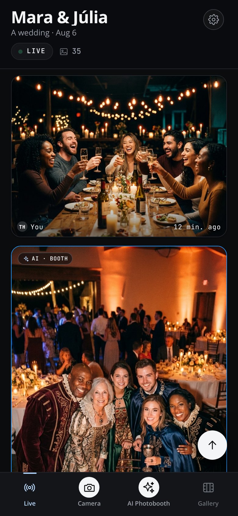 The Snapories live gallery — guest shots and a fresh AI photobooth result badged AI · Booth